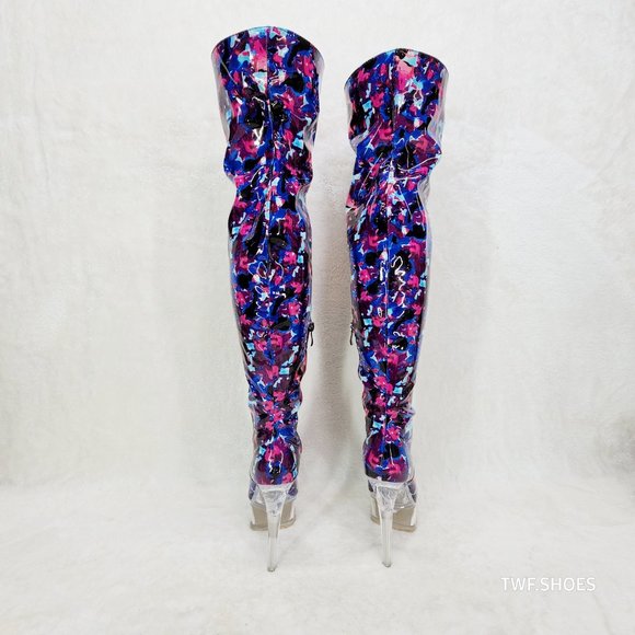 Bulls Cobalt Multi Color Print Patent OTK Clear Platform High Heel Thigh Boots - Picture 6 of 13